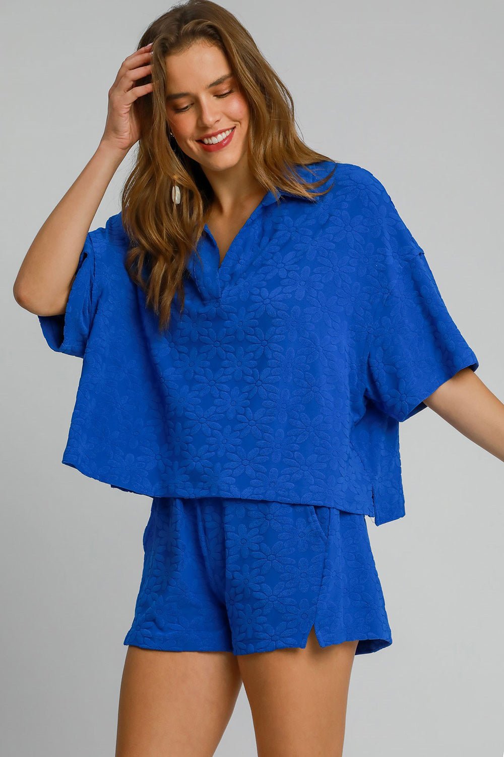 Umgee Floral Johnny Collar Half Sleeve Jacquard Top - Mervyns