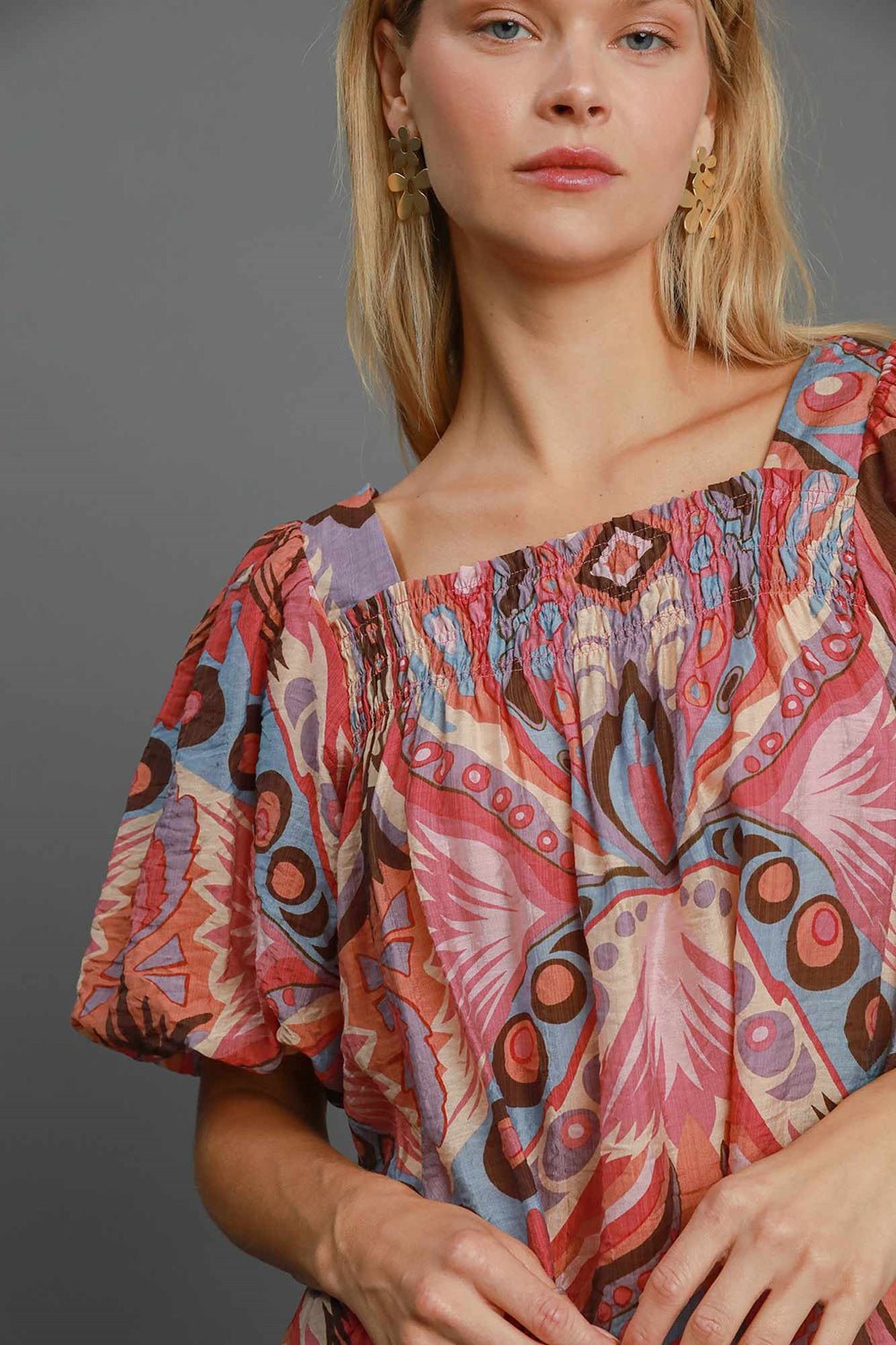 Umgee Full Size Abstract Print Smocked Square Neck Puff Sleeve Blouse - Mervyns