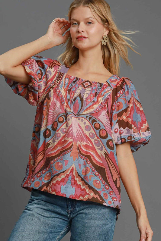 Umgee Full Size Abstract Print Smocked Square Neck Puff Sleeve Blouse - Mervyns