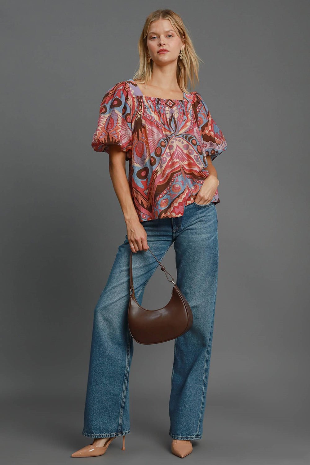 Umgee Full Size Abstract Print Smocked Square Neck Puff Sleeve Blouse - Mervyns