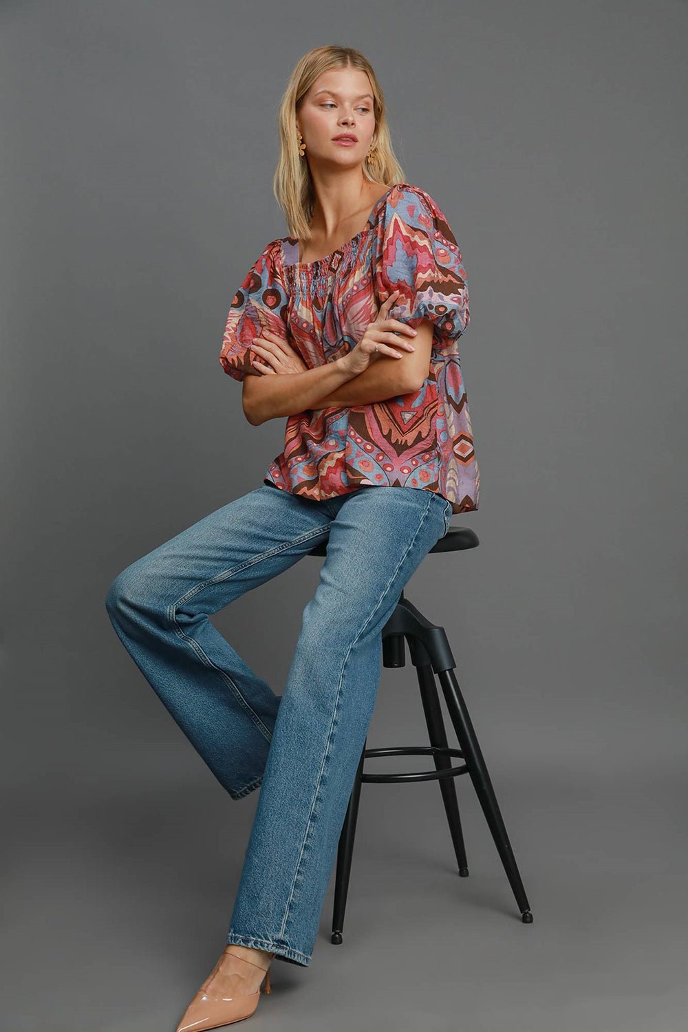 Umgee Full Size Abstract Print Smocked Square Neck Puff Sleeve Blouse - Mervyns