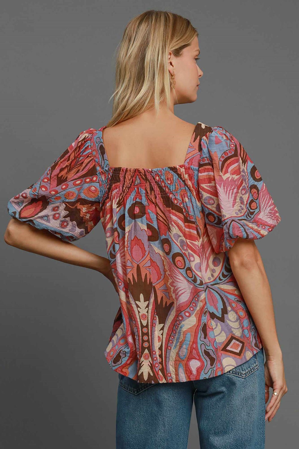 Umgee Full Size Abstract Print Smocked Square Neck Puff Sleeve Blouse - Mervyns