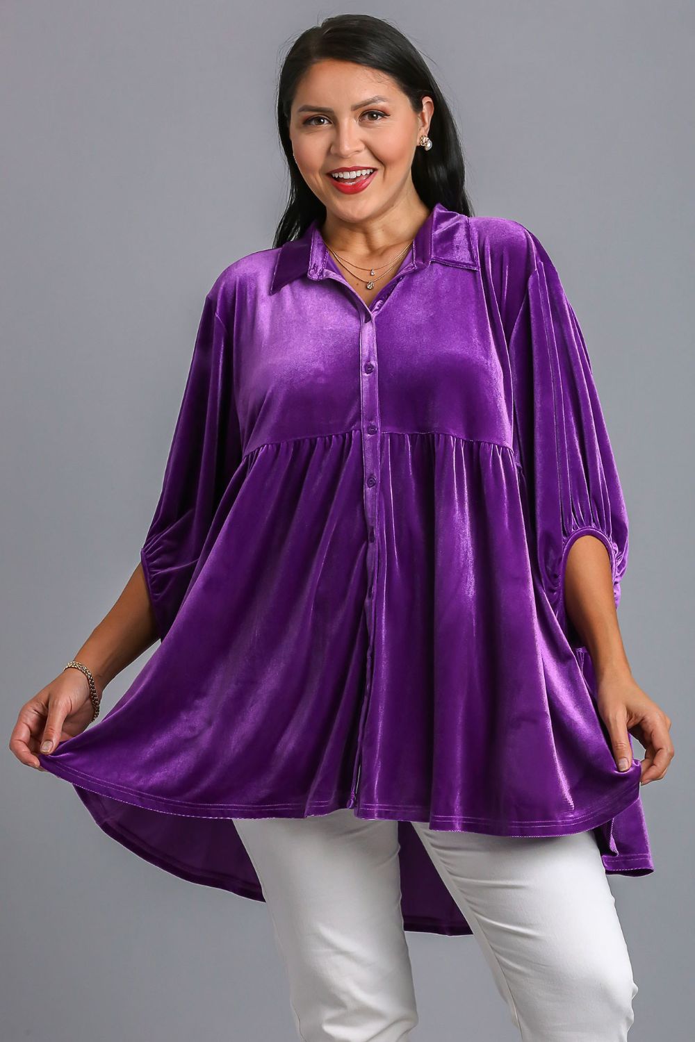 Umgee Full Size Button Down Tiered Back High Low Shirt - Mervyns