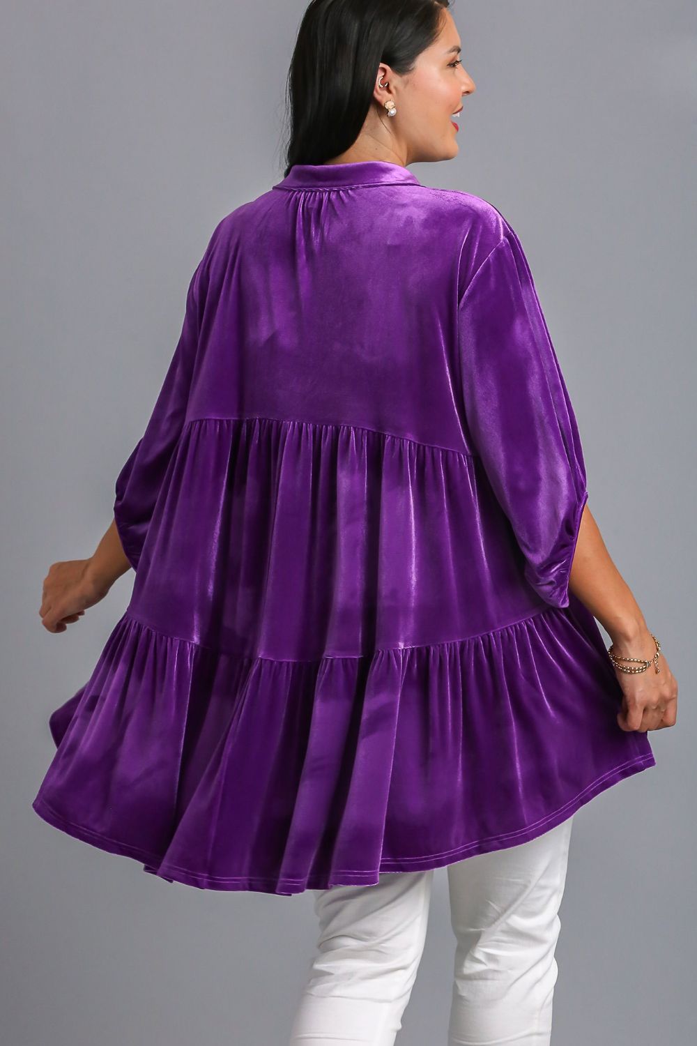 Umgee Full Size Button Down Tiered Back High Low Shirt - Mervyns