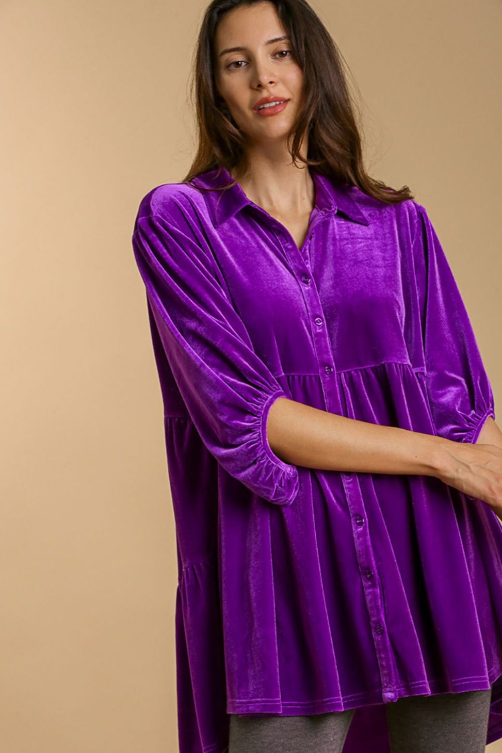 Umgee Full Size Button Down Tiered Back High Low Shirt - Mervyns