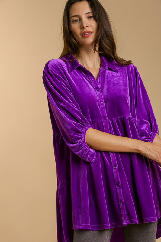 Umgee Full Size Button Down Tiered Back High Low Shirt - Mervyns