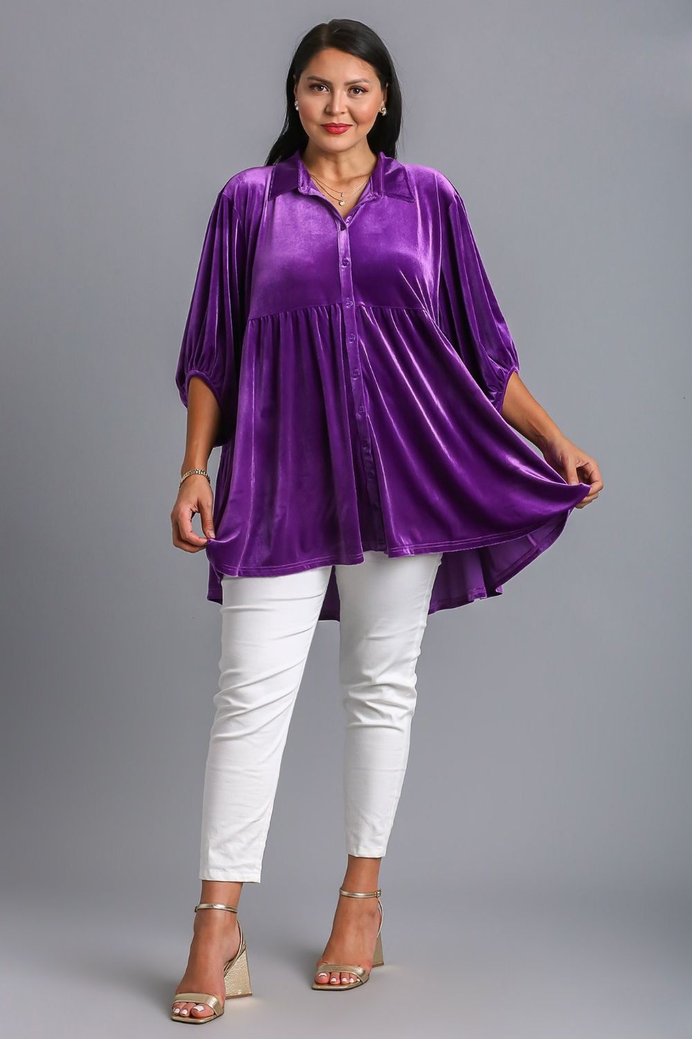Umgee Full Size Button Down Tiered Back High Low Shirt - Mervyns