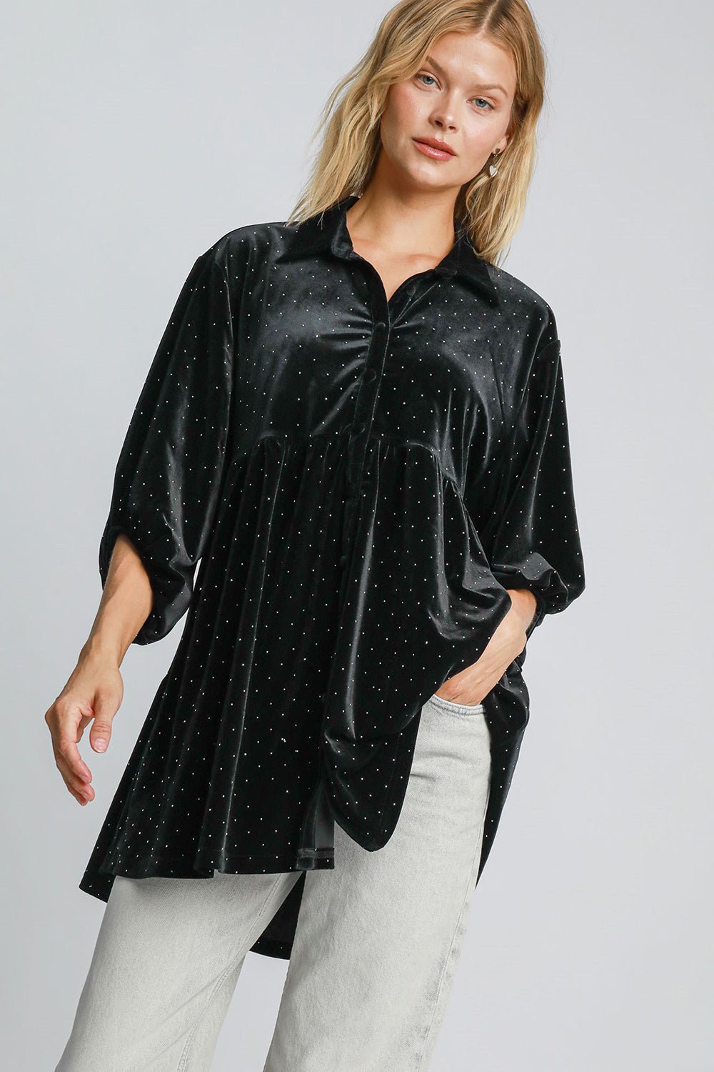 Umgee Full Size Polka Dot Button Up Half Sleeve Shirt - Mervyns