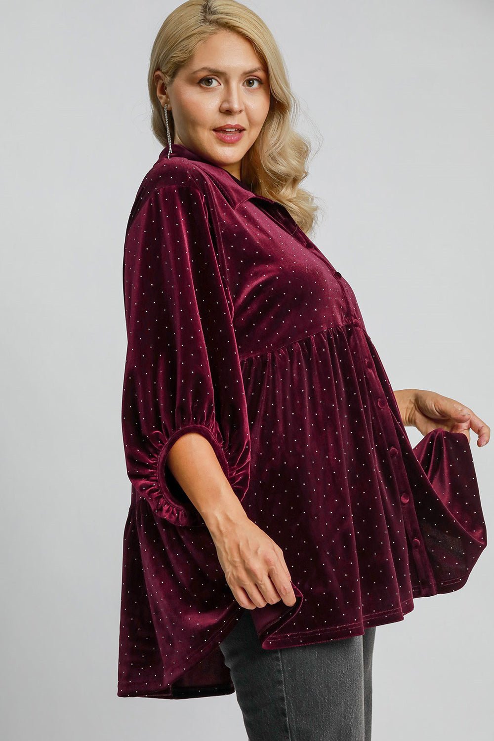 Umgee Full Size Polka Dot Button Up Half Sleeve Shirt - Mervyns