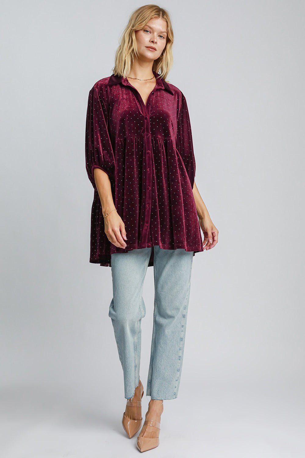 Umgee Full Size Polka Dot Button Up Half Sleeve Shirt - Mervyns