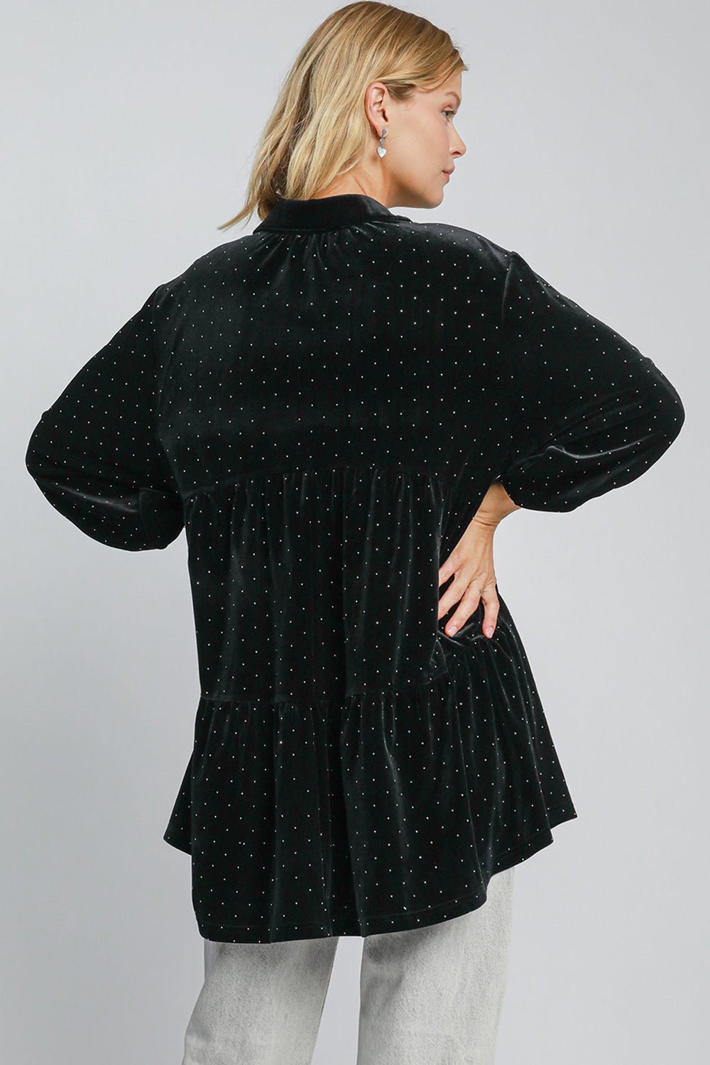 Umgee Full Size Polka Dot Button Up Half Sleeve Shirt - Mervyns