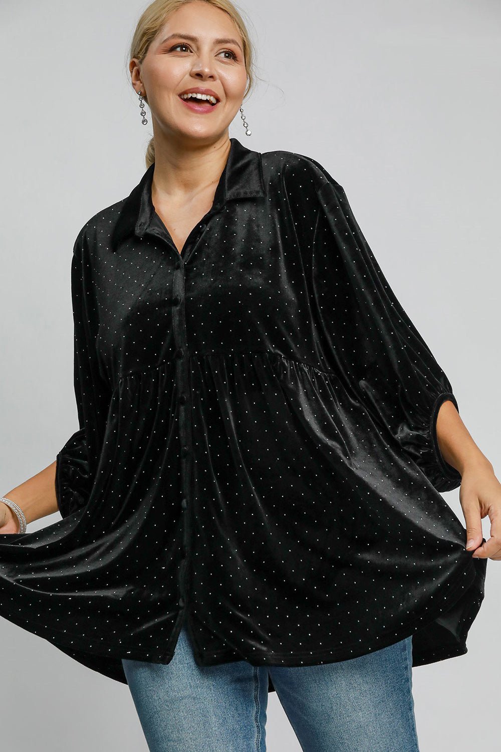 Umgee Full Size Polka Dot Button Up Half Sleeve Shirt - Mervyns