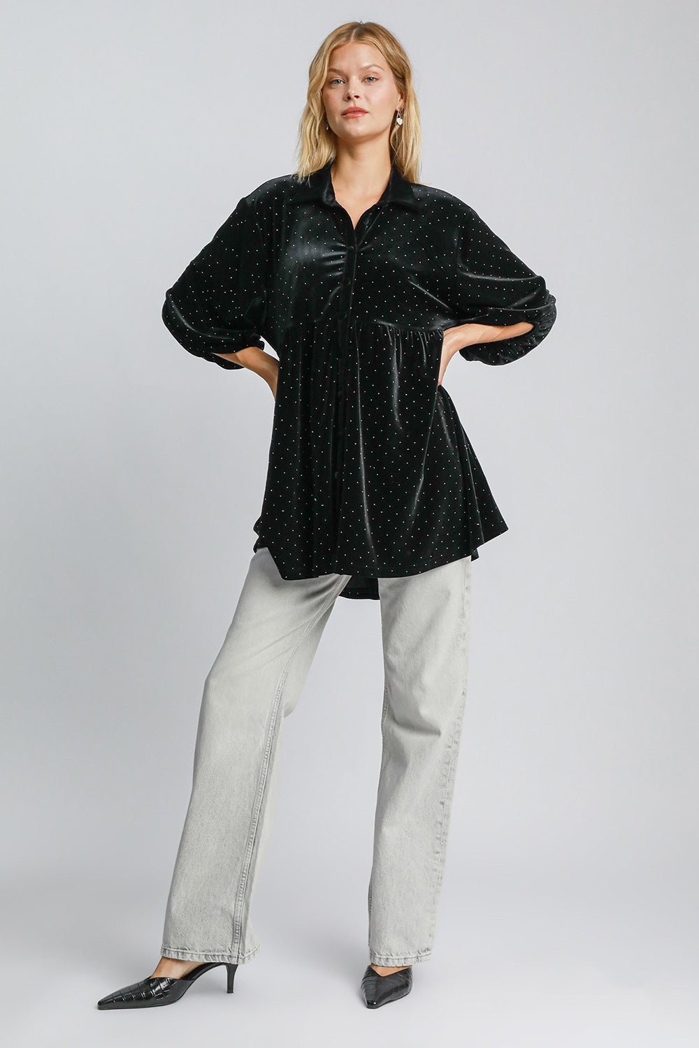 Umgee Full Size Polka Dot Button Up Half Sleeve Shirt - Mervyns