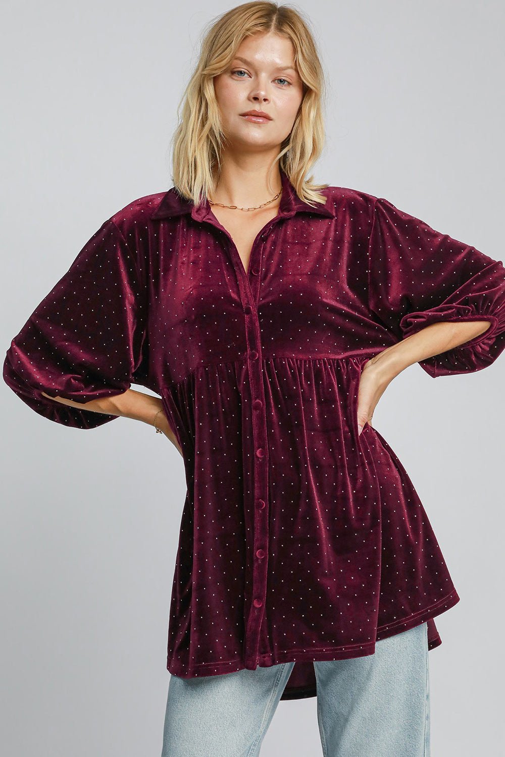 Umgee Full Size Polka Dot Button Up Half Sleeve Shirt - Mervyns