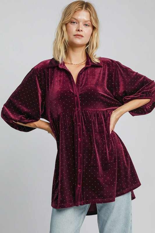 Umgee Full Size Polka Dot Button Up Half Sleeve Shirt - Mervyns