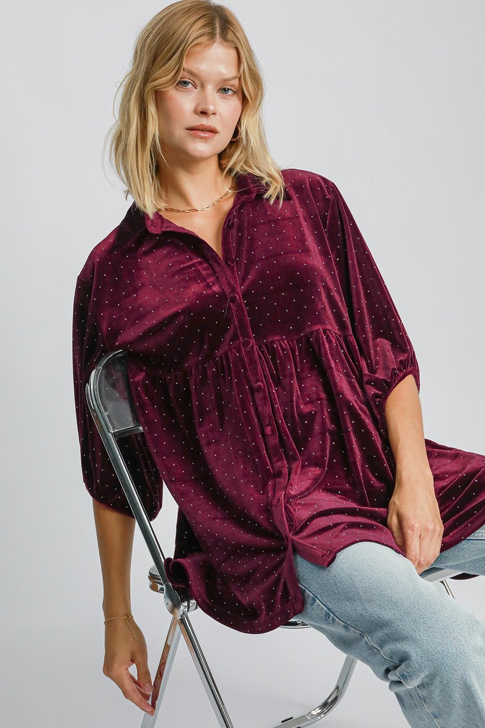 Umgee Full Size Polka Dot Button Up Half Sleeve Shirt - Mervyns
