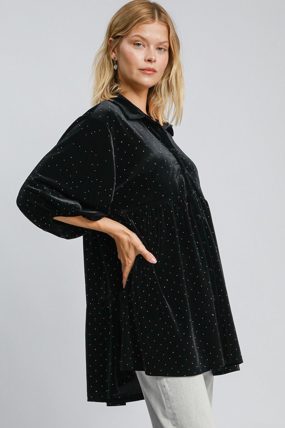 Umgee Full Size Polka Dot Button Up Half Sleeve Shirt - Mervyns