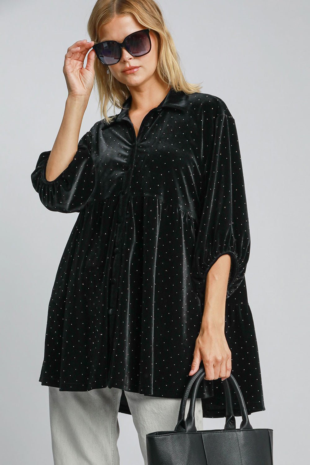 Umgee Full Size Polka Dot Button Up Half Sleeve Shirt - Mervyns
