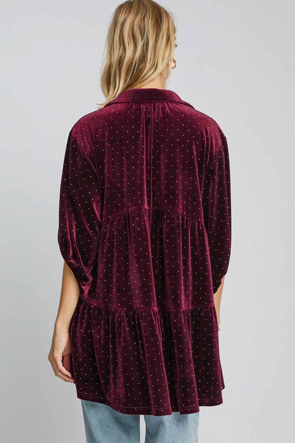 Umgee Full Size Polka Dot Button Up Half Sleeve Shirt - Mervyns