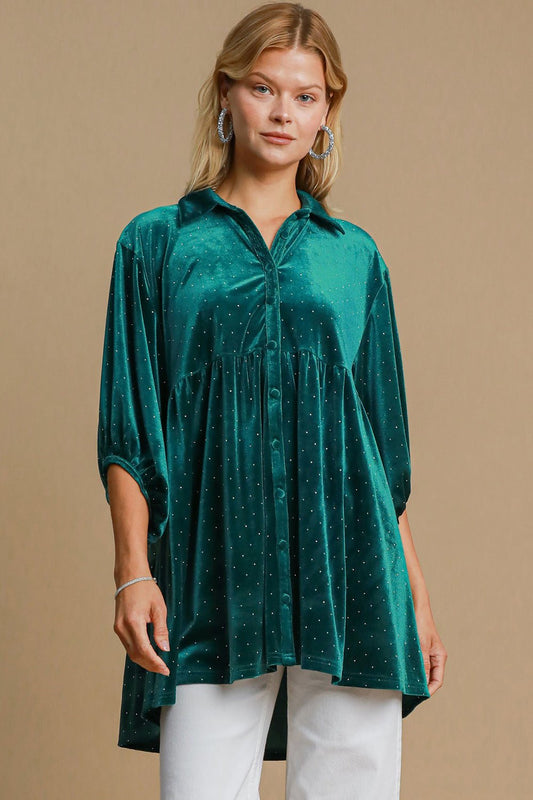 Umgee Full Size Polka Dot Collared Neck Button Up Shirt - Mervyns