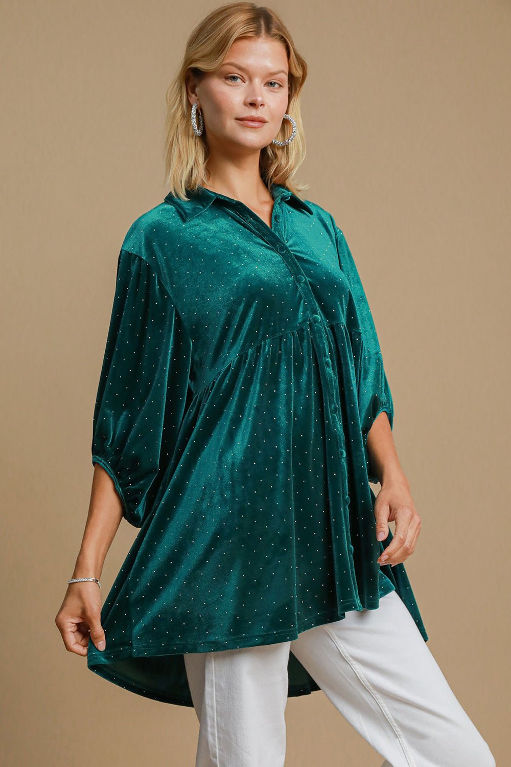 Umgee Full Size Polka Dot Collared Neck Button Up Shirt - Mervyns
