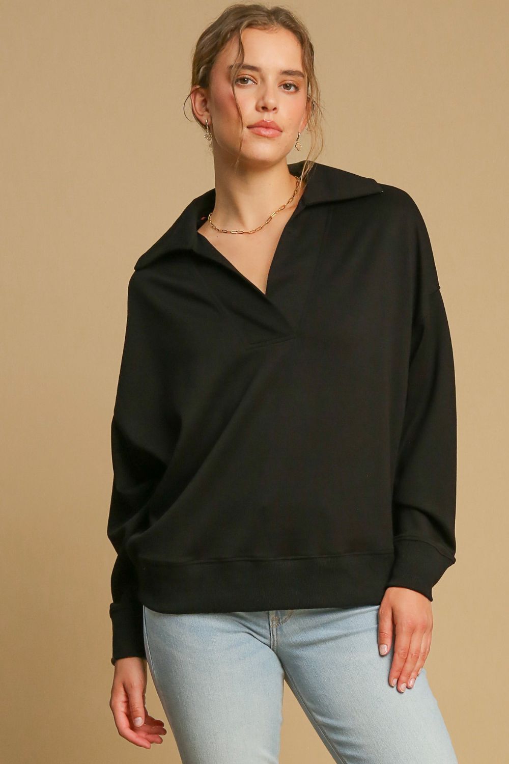 Umgee Johnny Collar Dropped Shoulder Sweatshirt - Mervyns
