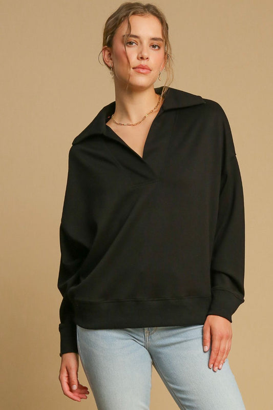 Umgee Johnny Collar Dropped Shoulder Sweatshirt - Mervyns