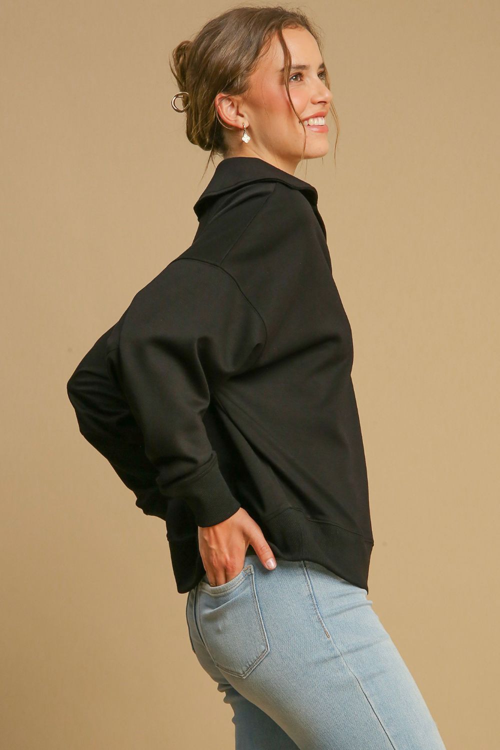 Umgee Johnny Collar Dropped Shoulder Sweatshirt - Mervyns