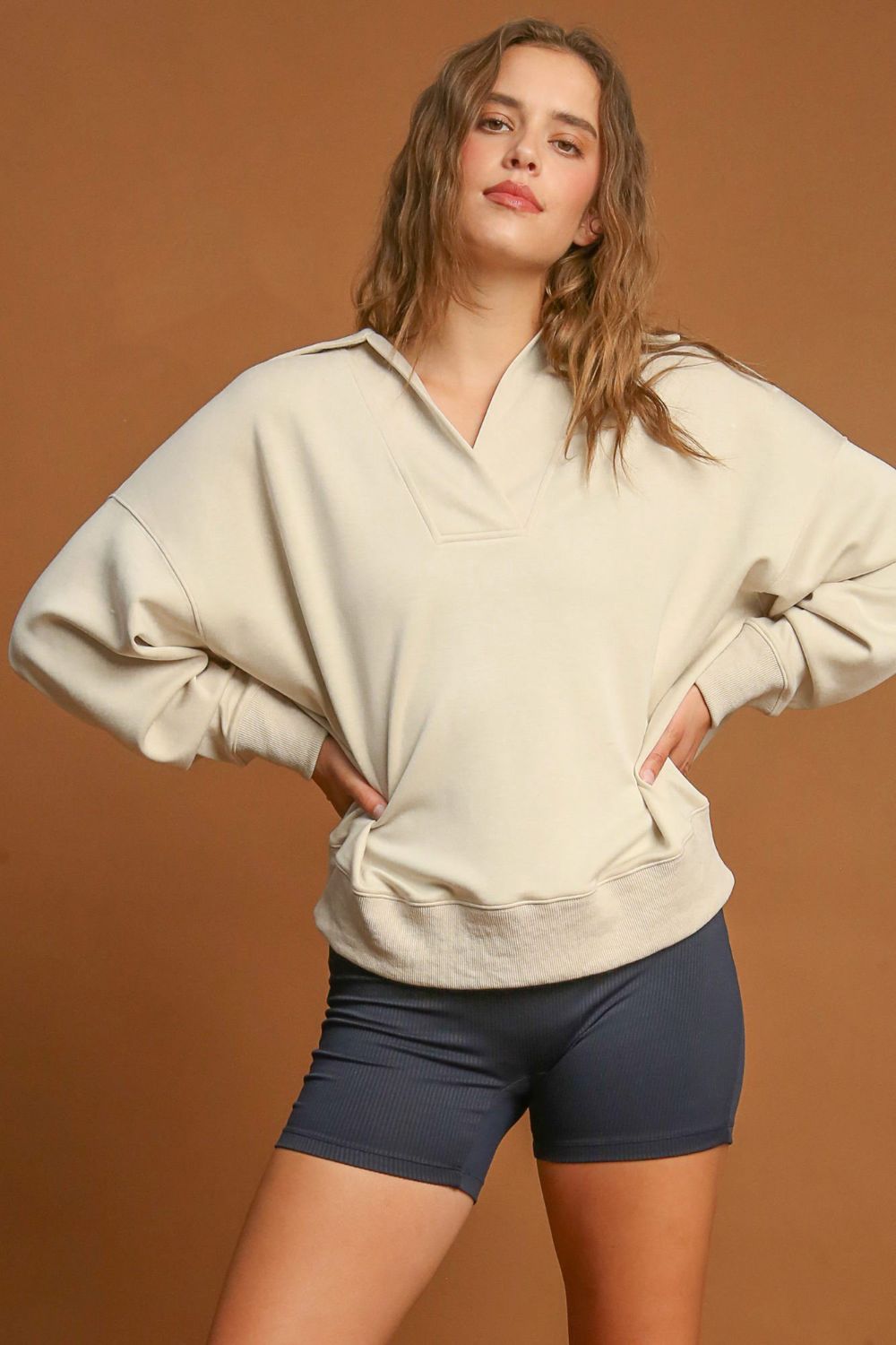 Umgee Johnny Collar Dropped Shoulder Sweatshirt - Mervyns