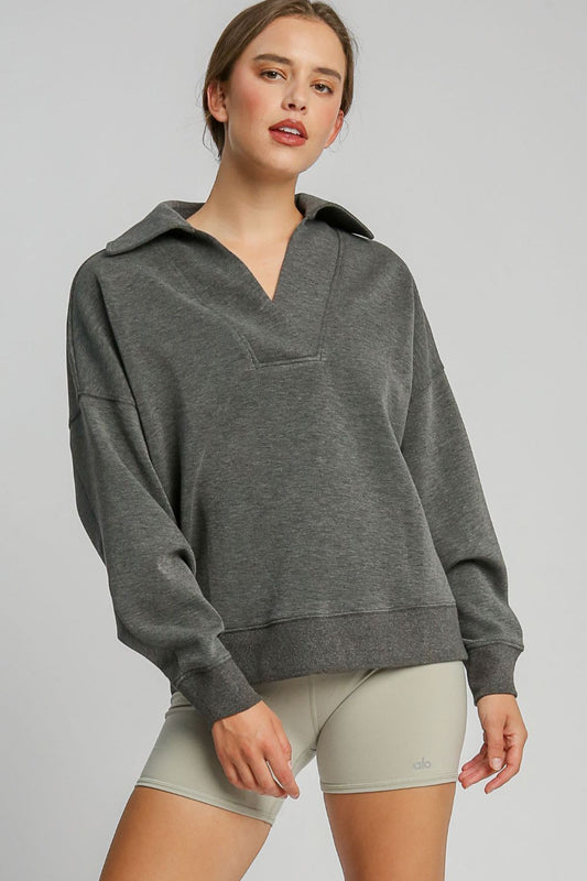 Umgee Johnny Collar Dropped Shoulder Sweatshirt - Mervyns