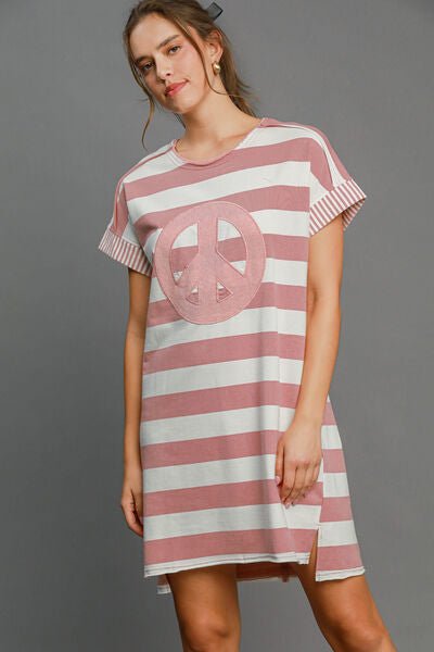 Umgee Peace Applique Striped Short Sleeve Mini Dress - Mervyns