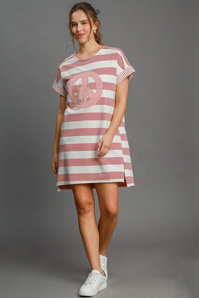 Umgee Peace Applique Striped Short Sleeve Mini Dress - Mervyns