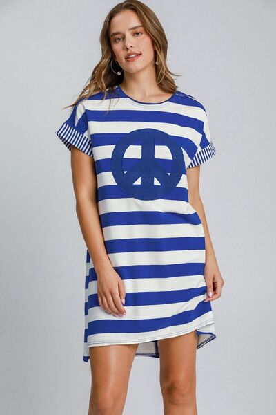 Umgee Peace Applique Striped Short Sleeve Mini Dress - Mervyns