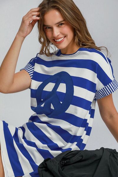 Umgee Peace Applique Striped Short Sleeve Mini Dress - Mervyns