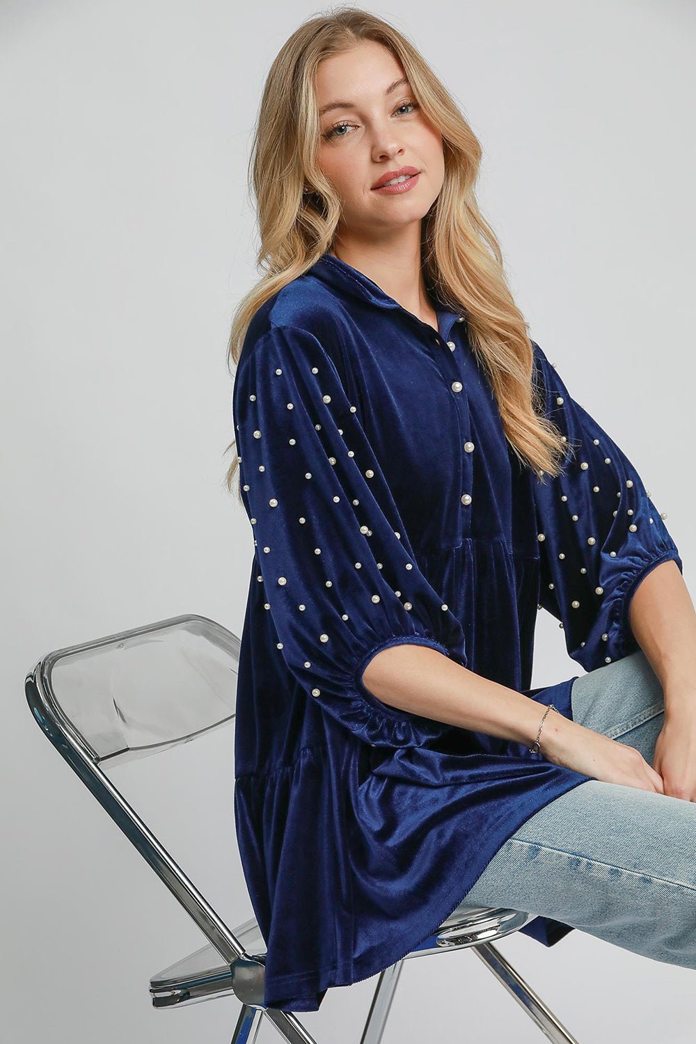 Umgee Pearl Detail Collared Neck Velvet Babydoll Blouse - Mervyns