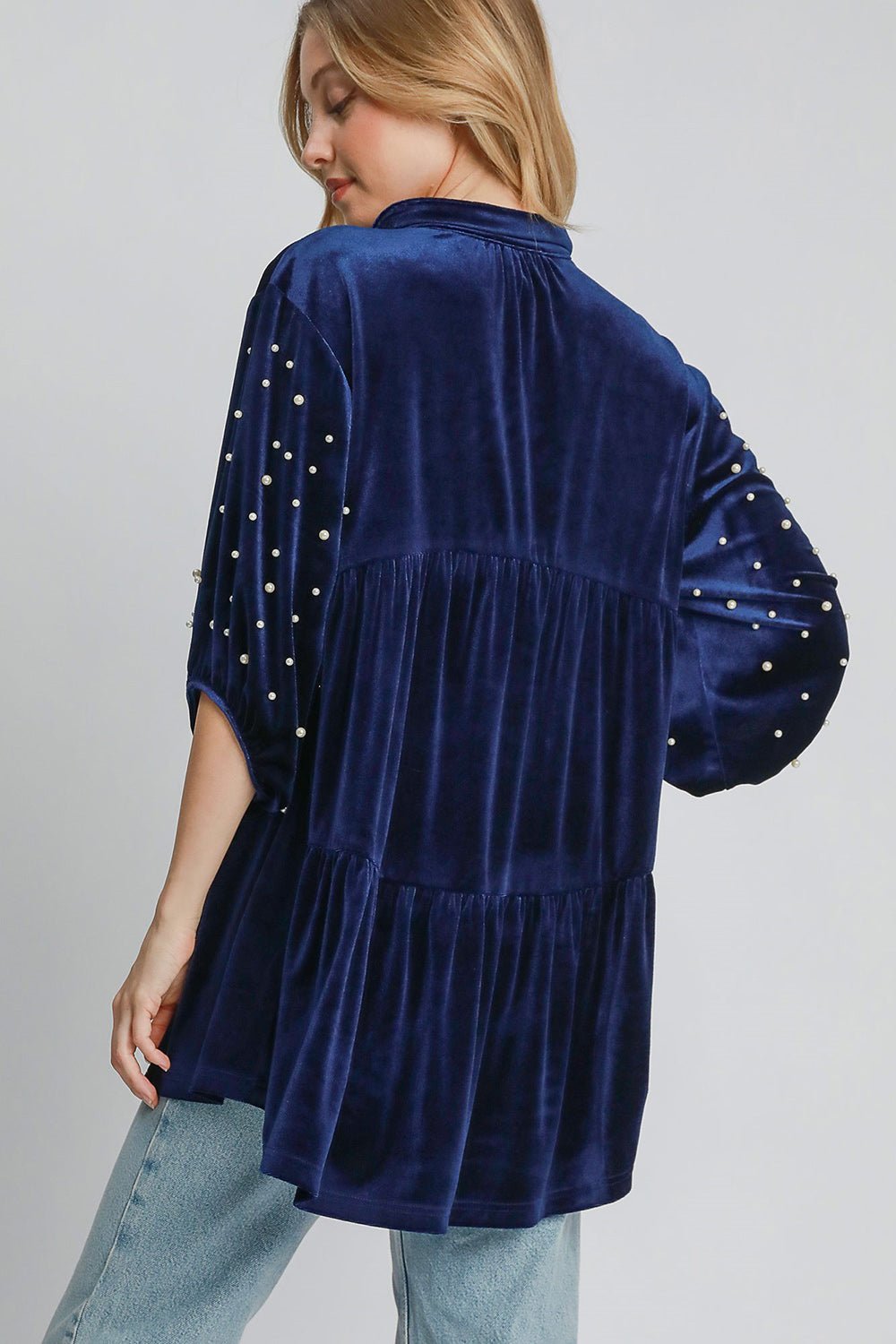 Umgee Pearl Detail Collared Neck Velvet Babydoll Blouse - Mervyns
