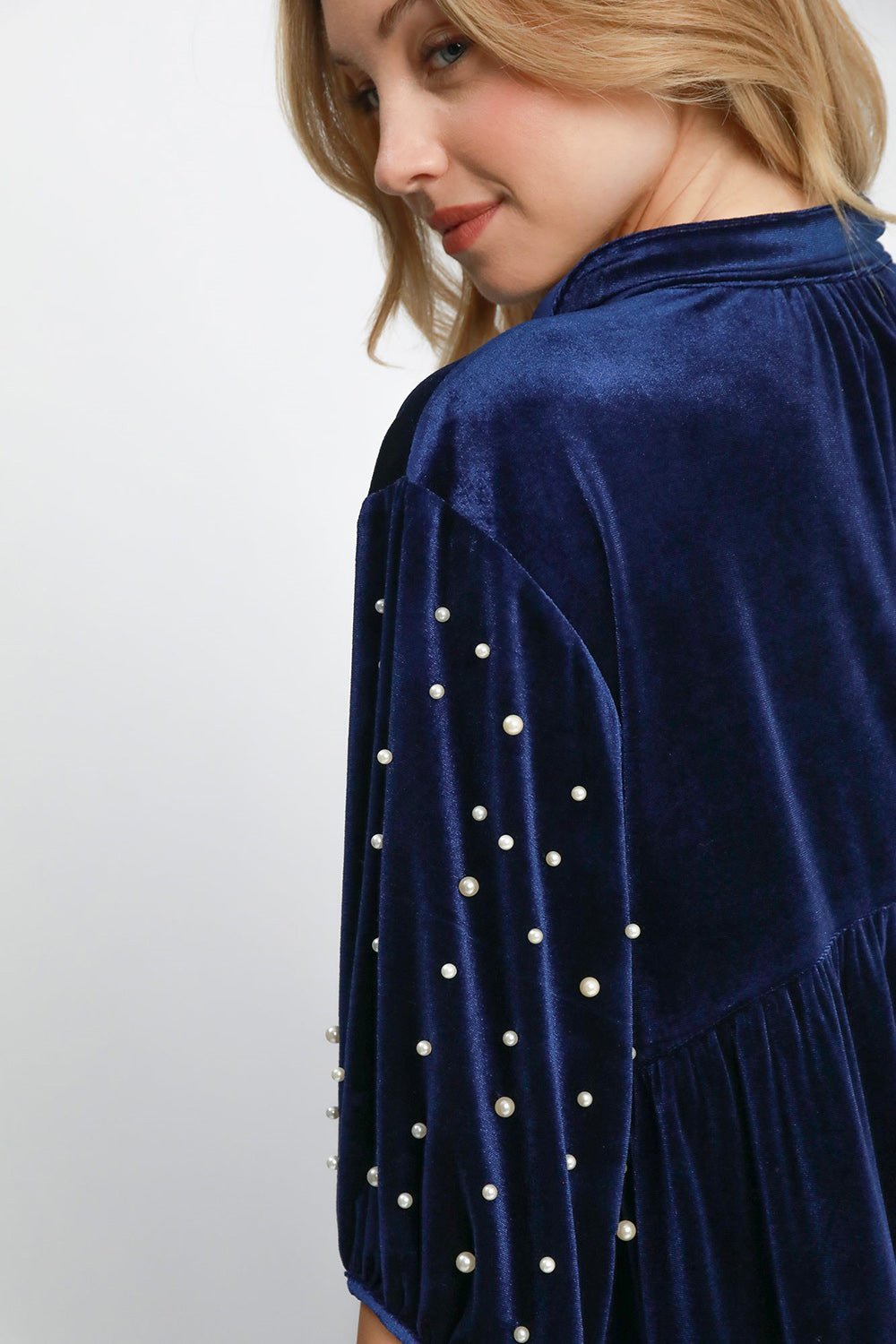 Umgee Pearl Detail Collared Neck Velvet Babydoll Blouse - Mervyns