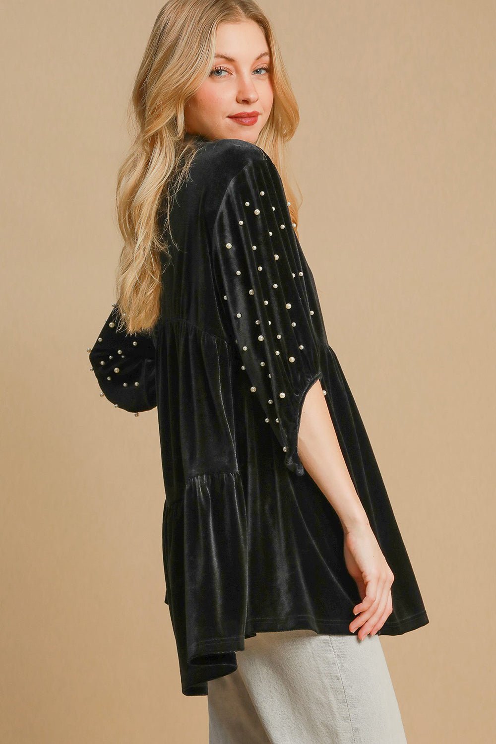 Umgee Pearl Detail Half Sleeve Velvet Babydoll Blouse - Mervyns