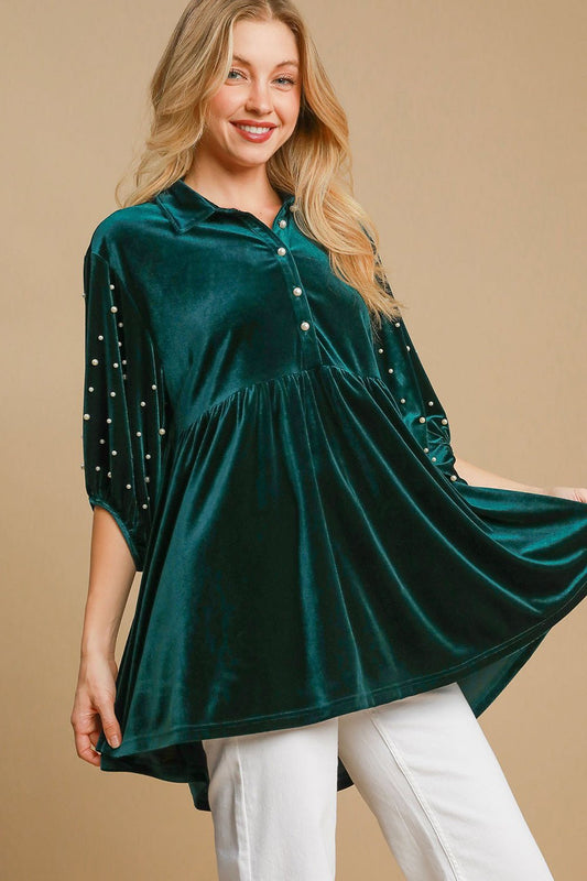 Umgee Pearl Detail Half Sleeve Velvet Babydoll Blouse - Mervyns