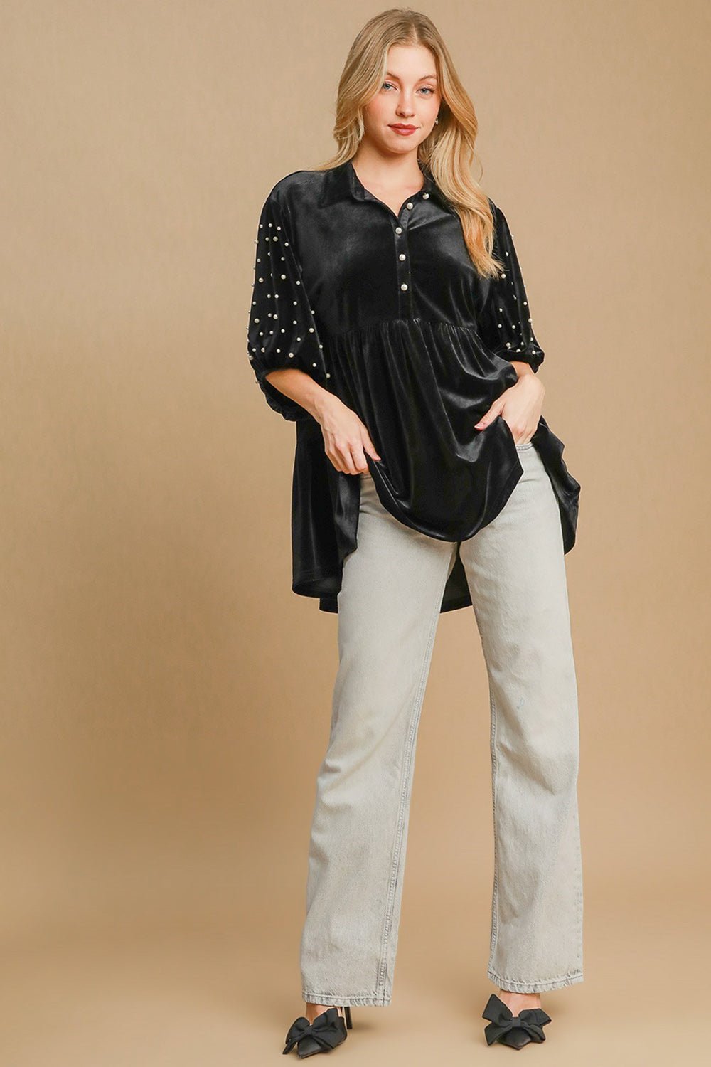 Umgee Pearl Detail Half Sleeve Velvet Babydoll Blouse - Mervyns
