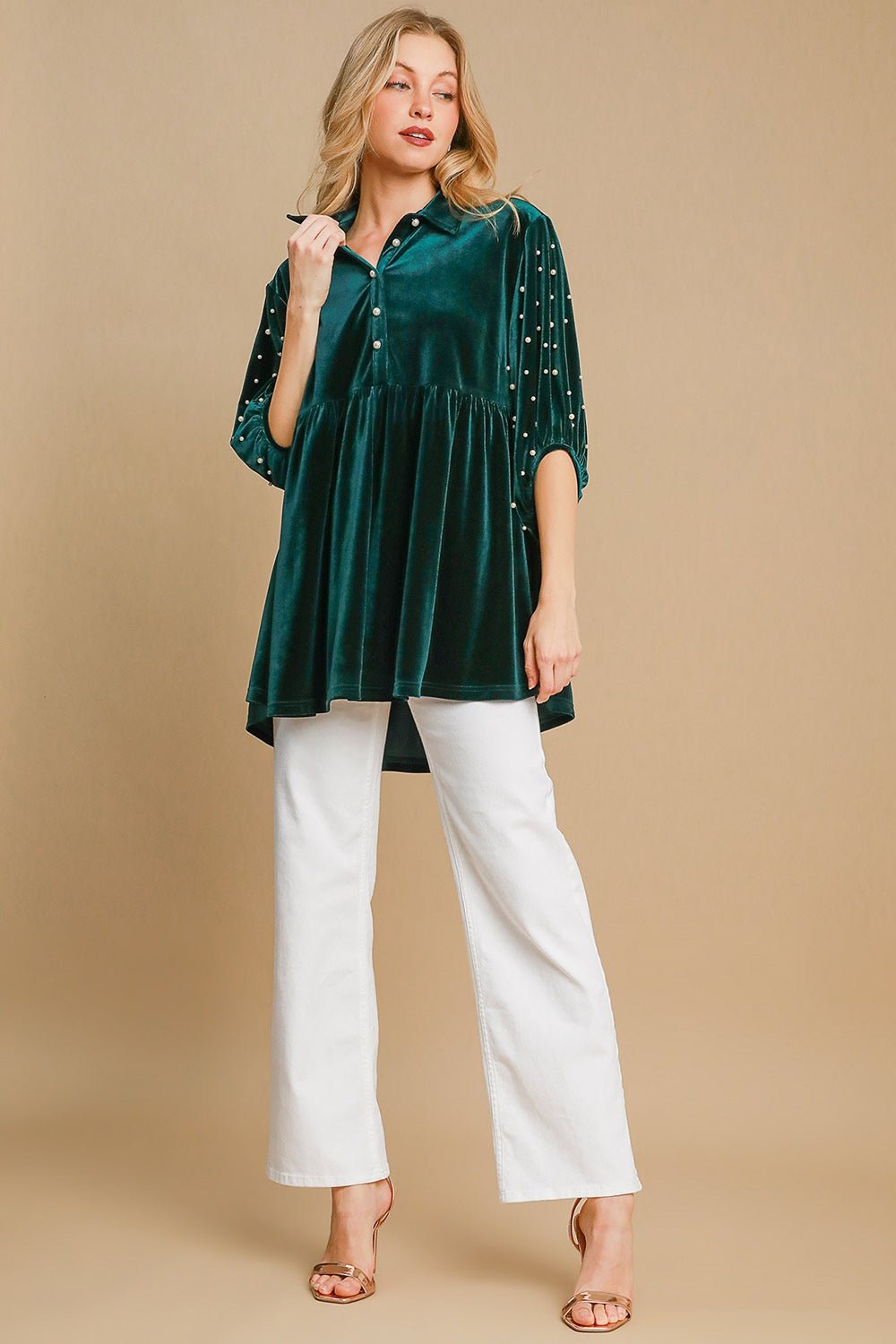 Umgee Pearl Detail Half Sleeve Velvet Babydoll Blouse - Mervyns