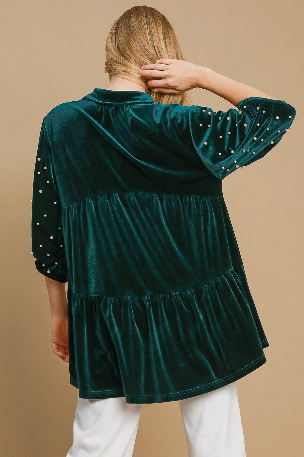 Umgee Pearl Detail Half Sleeve Velvet Babydoll Blouse - Mervyns