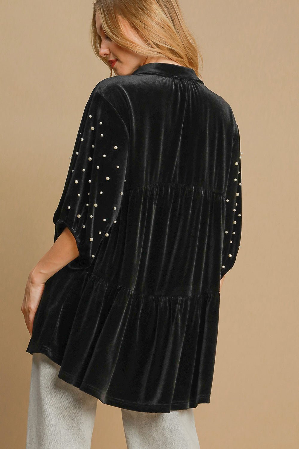 Umgee Pearl Detail Half Sleeve Velvet Babydoll Blouse - Mervyns