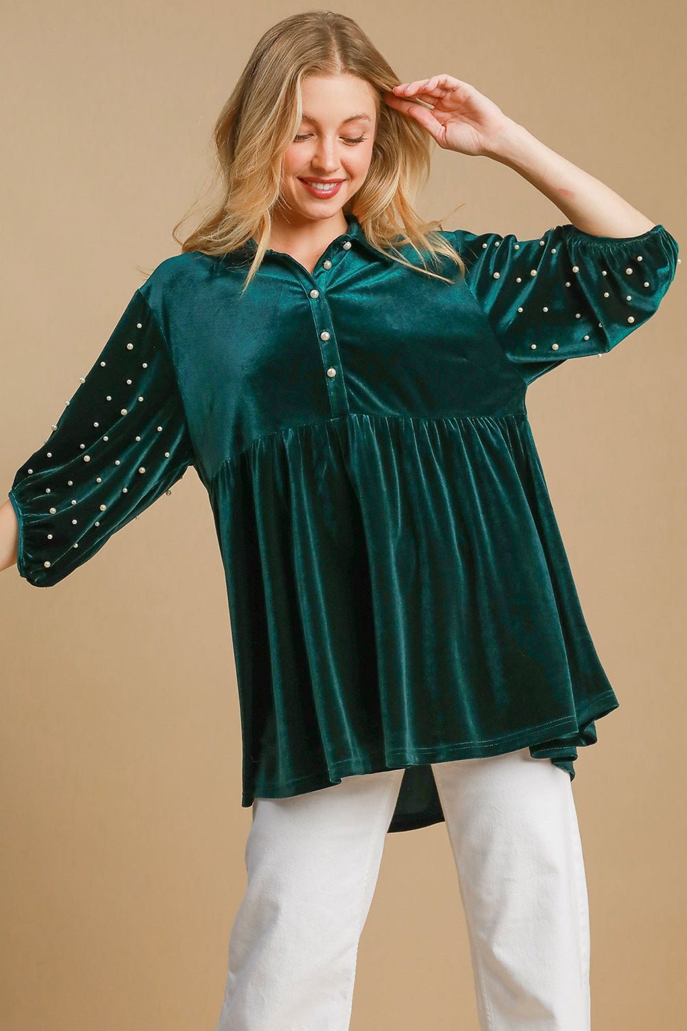 Umgee Pearl Detail Half Sleeve Velvet Babydoll Blouse - Mervyns