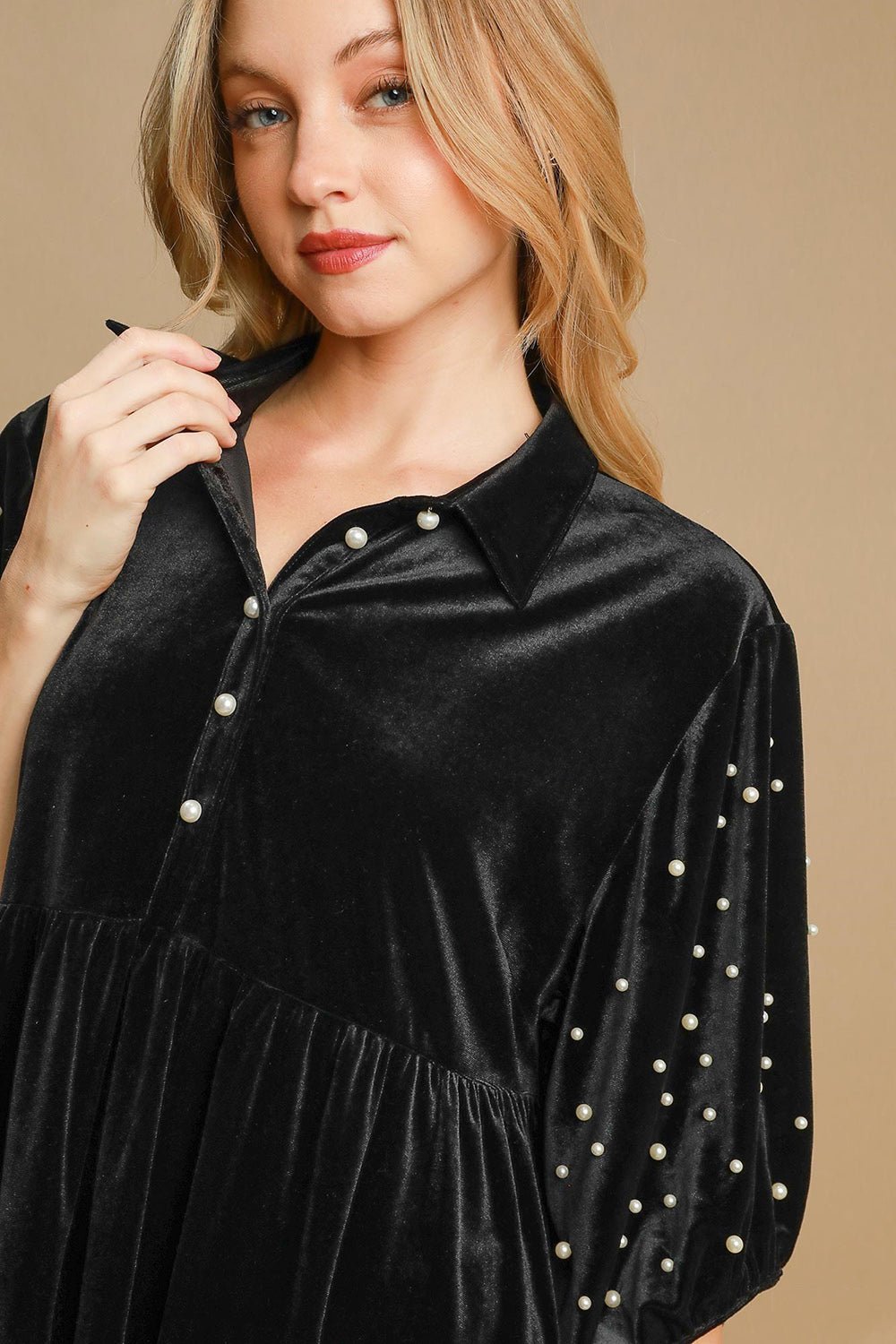 Umgee Pearl Detail Half Sleeve Velvet Babydoll Blouse - Mervyns