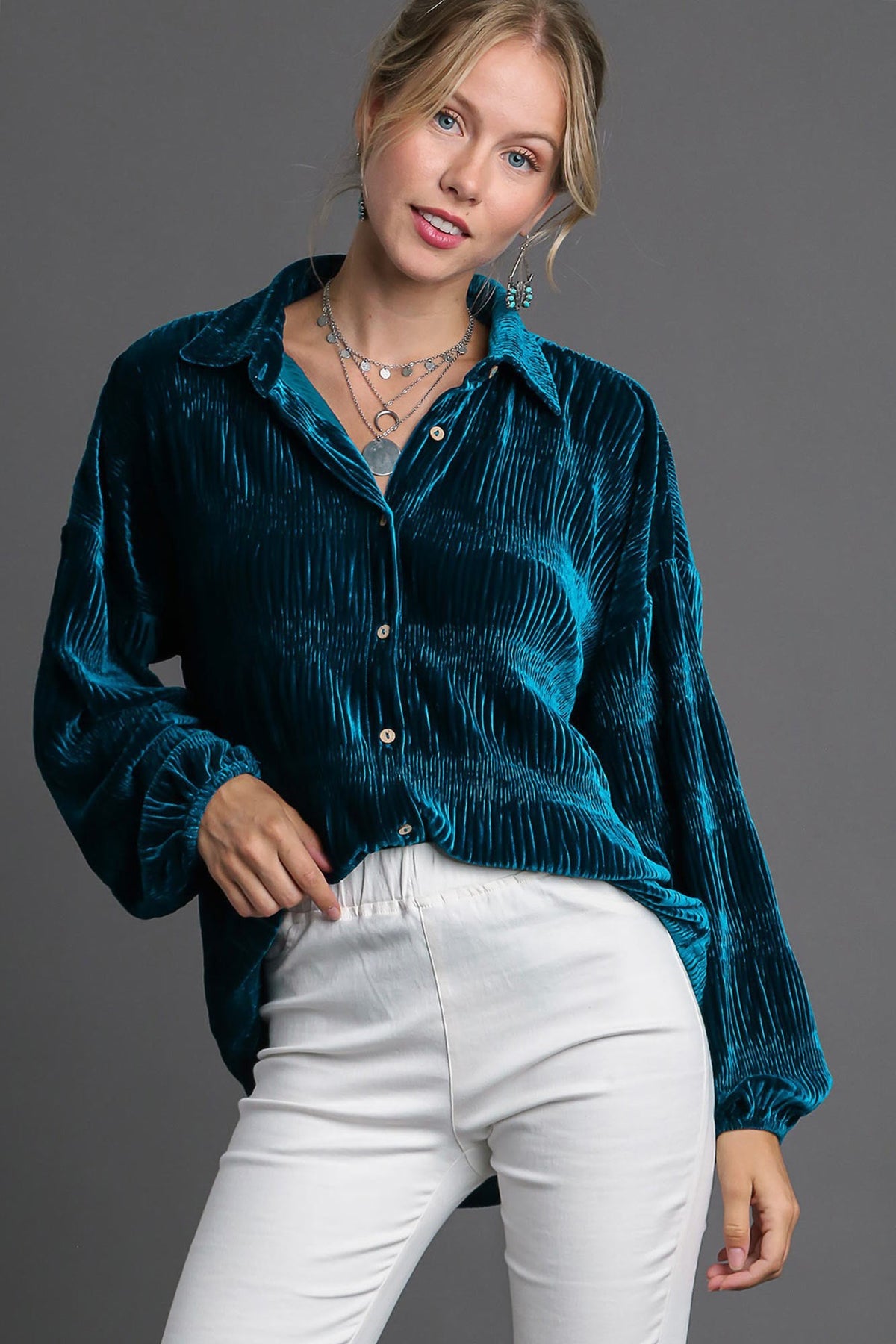 Umgee Ruched Tiered Button Up Shirt - Mervyns