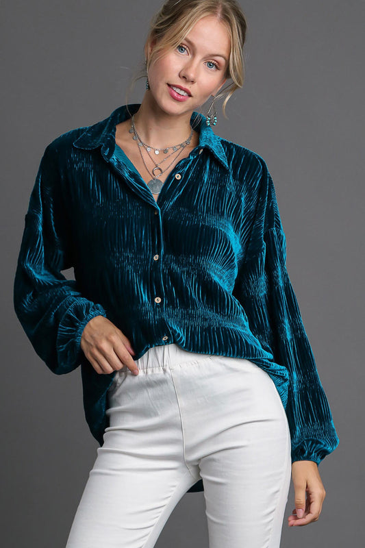 Umgee Ruched Tiered Button Up Shirt - Mervyns