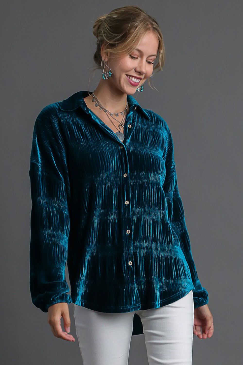 Umgee Ruched Tiered Button Up Shirt - Mervyns
