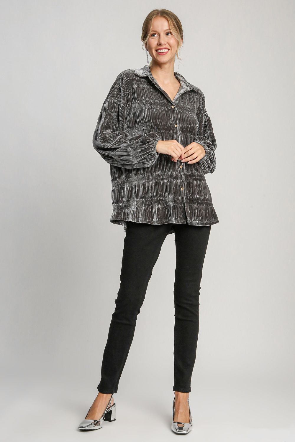 Umgee Ruched Tiered Button Up Shirt - Mervyns