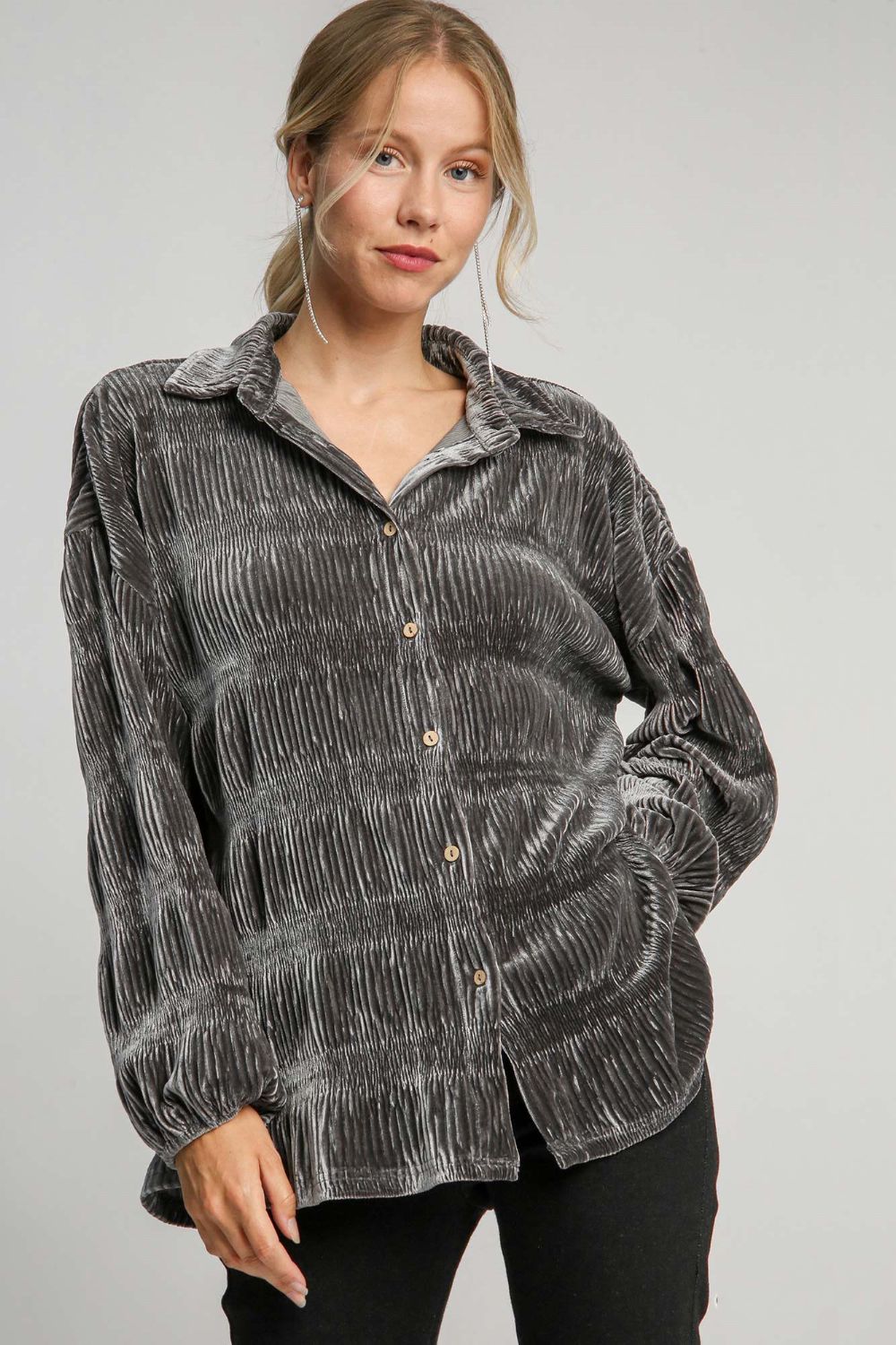 Umgee Ruched Tiered Button Up Shirt - Mervyns